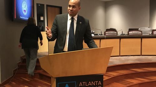 Newly named Atlanta Board of Education chairman Jason Esteves addresses the audience at the Jan. 8, 2018, meeting, at which he was the board’s unanimous choice to serve as its leader for two years.