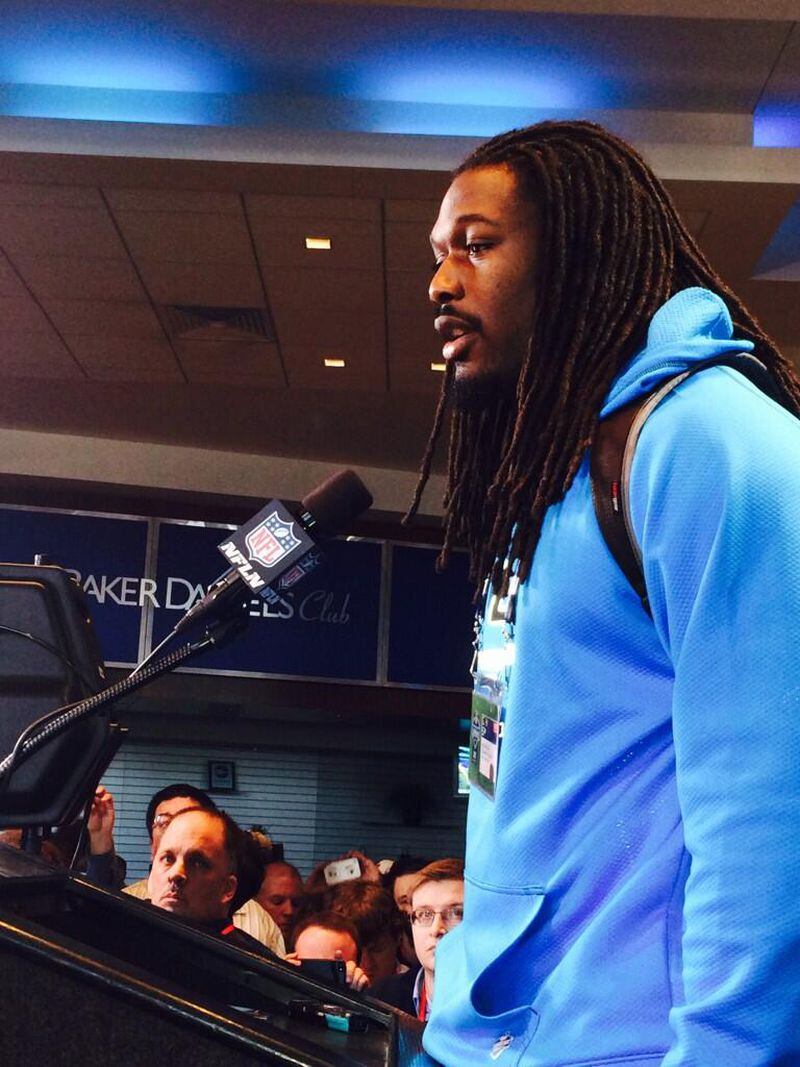 Jadeveon Clowney at the podium talking to the media on Saturday of the 2014 NFL Scouting Combine. (D. Orlando Ledbetter/dledbetter@ajc.com)