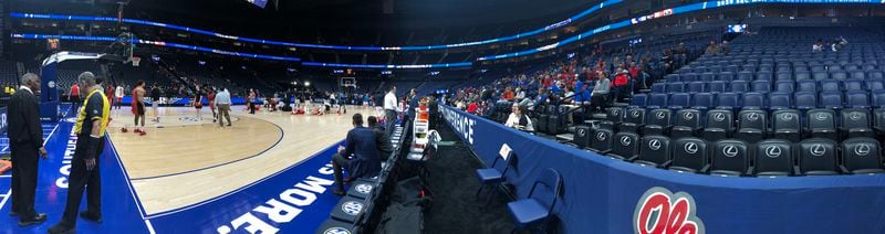 A panoramic view inside Bridgestone Arena, one hour before tip-off of the opening game of the 2020 SEC men's basketball tournament in Nashville. (Photo by Chip Towers/AJC)