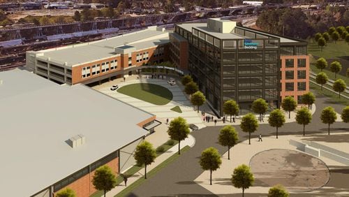 A conceptual image shows plans for Serta Simmons Bedding's 5-acre headquarters on the Doraville site of a torn-down General Motors plant.
