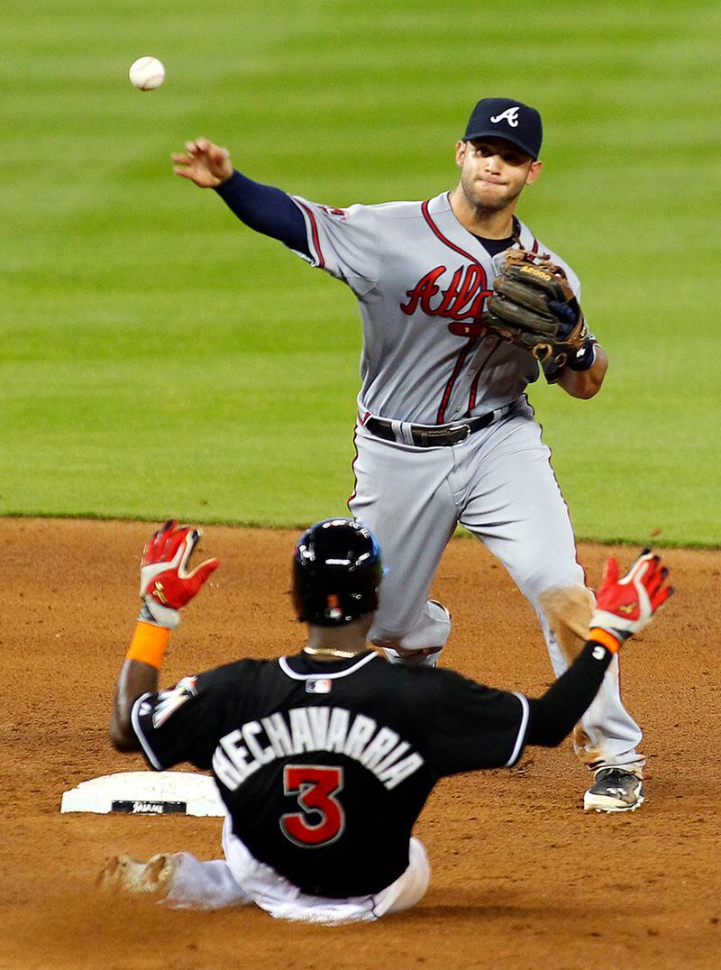 Atlanta Braves second baseman Tommy La Stella, top, tags out Miami Marlins' Adeiny Hechavarria while turning a double play catching Marlins' Jeff Baker in the fifth inning during a baseball game in Miami, Saturday, May 31, 2014. (AP Photo/Joe Skipper) Midseason second-base callup Tommy La Stella hit .297 with a .371 OBP in his first 46 games through July 20, then .201 with a .281 OBP in his last 47 games.