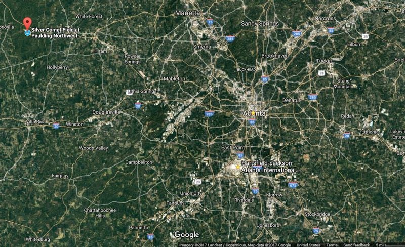 Map showing locations of Paulding's airport, called Silver Comet field, and Atlanta's Hartsfield-Jackson International Airport. Source: Google Maps.