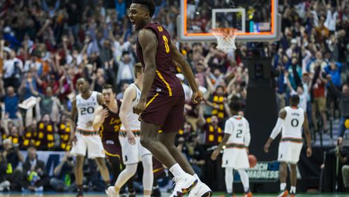Loyola’s Donte Ingram (0) celebrates after making the game-winning shot during the second half against Miami in the first round of the NCAA Tournament on Thursday, March 15, 2018, at the American Airlines Center in Dallas. Loyola advanced, 64-62. (Ashley Landis/Dallas Morning News/TNS)