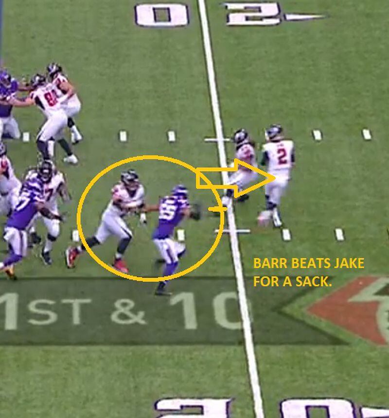 Falcons tackle Jake Matthews is beaten by Vikings linebacker Anthony Barr. He saw him too late after trying to block down on Everson Griffien. (Fox Screen shot from gamepass.nfl.com) 