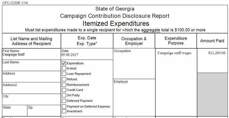 Mayoral candidate Keisha Lance Bottoms reported many expenses with missing information like this one from from October 2017.
