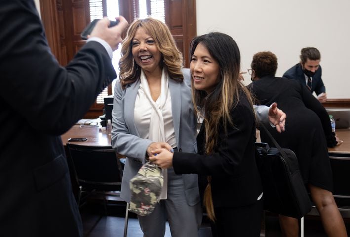 220307-Atlanta-Congresswoman Lucy McBath hugs a supporter just after qualifying at the State Capitol to qualify Monday, Mar. 7, 2022. Ben Gray for the Atlanta Journal-Constitution