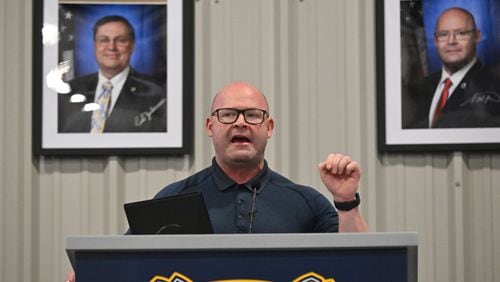 Teamsters General President Sean M. O’Brien spoke during a rally in Atlanta on Saturday, July 22, 2023, just days before high-stakes contract talks with UPS resumed. (Hyosub Shin / Hyosub.Shin@ajc.com)