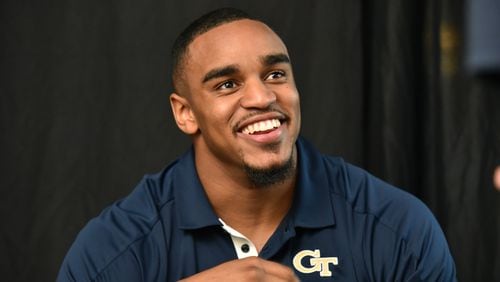 Georgia Tech defensive lineman Anree Saint-Amour is happy to talk football, as here during the team's media day. Better yet, he gets to start playing it again Saturday. (HYOSUB SHIN / HSHIN@AJC.COM)