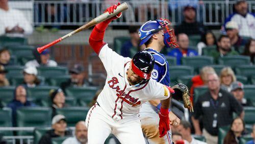 Atlanta Braves shortstop Orlando Arcia shows his frustration after striking out during the eighth inning against the Texas Rangers at Truist Park on Sunday, April 21, 2024.
(Miguel Martinez/ AJC)