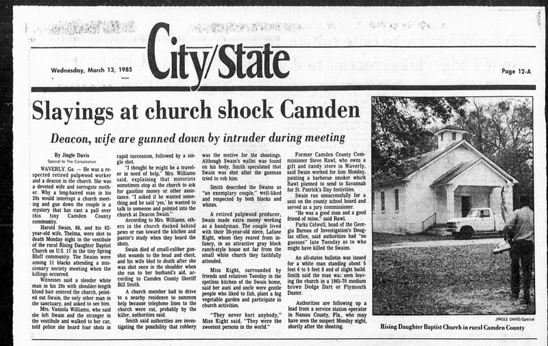 Atlanta Constitution clipping from 1985 about the murder of Harold and Thelma Swaine at Rising Daughter Baptist Church in Waverly, Ga.