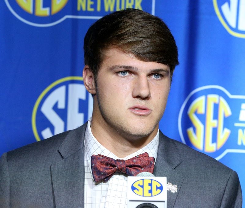 July 18, 2018 Atlanta: Mississippi State quarterback Nick Fitzgerald holds his SEC Media Days press conference at the College Football Hall of Fame on Wednesday, July 18, 2018, in Atlanta.     Curtis Compton/ccompton@ajc.com