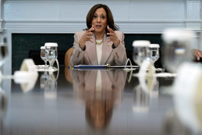 Vice President Kamala Harris speaks during a discussion in the Roosevelt Room of the White House in Washington, Thursday, April 25, 2024, on criminal justice reform and the pardons issued by President Joe Biden earlier this month. (AP Photo/Susan Walsh)