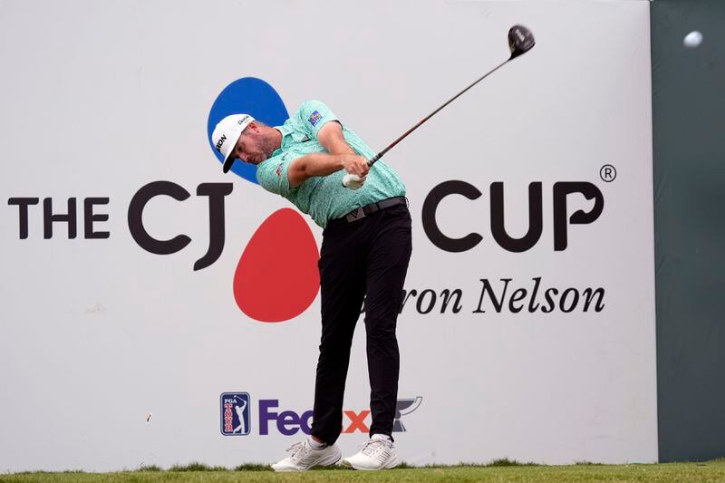 Taylor Pendrith hits a tee shot on the 18th hole during the third round of the Byron Nelson golf tournament in McKinney, Texas, Saturday, May 4, 2024. (AP Photo/LM Otero)