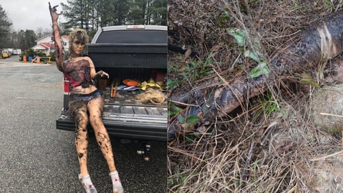 Jones County Sheriff’s Office deputies were called to a trail in the Hitchiti National Forest after a hiker reported finding what they believed was a woman’s body on Saturday afternoon. Investigators determined the body was actually a life-sized doll, “complete with accessories,” Sheriff R.N. “Butch” Reece said. At right is a detail from Sheriff's Office photo showing the legs when the "body" was found. (Credit: Jones County Sheriff's Office)