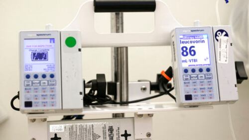 This Thursday, May 25, 2017 photo shows equipment that administers chemotherapy drugs at the North Carolina Cancer Hospital in Chapel Hill, N.C. A study that had patients use home computers to report problems like nausea and fatigue improved survival _ by nearly half a year, longer than many new cancer drugs do. (AP Photo/Gerry Broome)