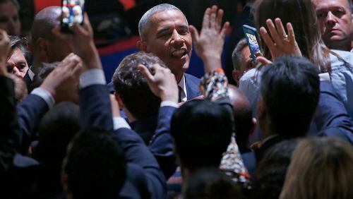 President Barack Obama talks to his supporters after giving his presidential farewell address at McCormick Place in Chicago, Tuesday, Jan. 10, 2017. (AP Photo/Nam Y. Huh)