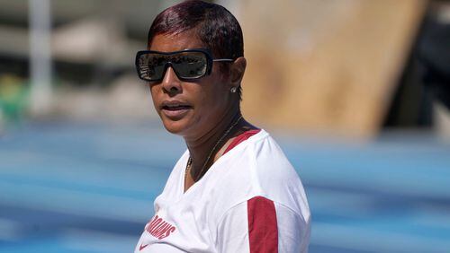 Southern California Trojans coach Caryl Smith Gilbert reacts during a dual meet against the UCLA Bruins at Drake Stadium, Sunday, May 2, 2021, in Los Angeles. Gilbert is now the Georgia track coach. (Kirby Lee/AP)