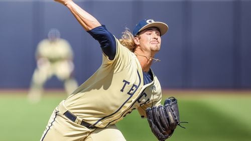 Georgia Tech relief pitcher Chance Huff in the Yellow Jackets' 9-8 win over Clemson May 9, 2021 at Russ Chandler Stadium. (Ben Ennis)