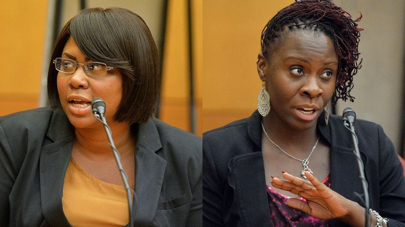 Former Parks Middle School math teachers Stacey Johnson and Fabiola Aurelien give their testimonies during the APS trial in 2014. (Atlanta Journal-Constitution, Kent D. Johnson, Pool)