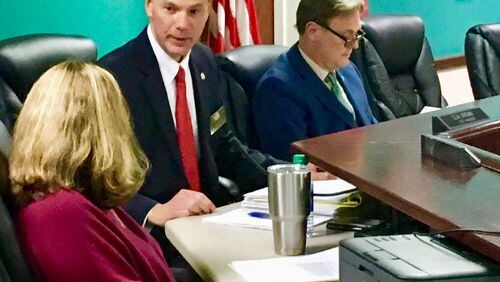 Clai Brown (left) and Mayor Jonathan Elmore during a December meeting. Brown, Avondale Estates city manager for 10 years, will be finished as of 5 p.m. Wednesday.