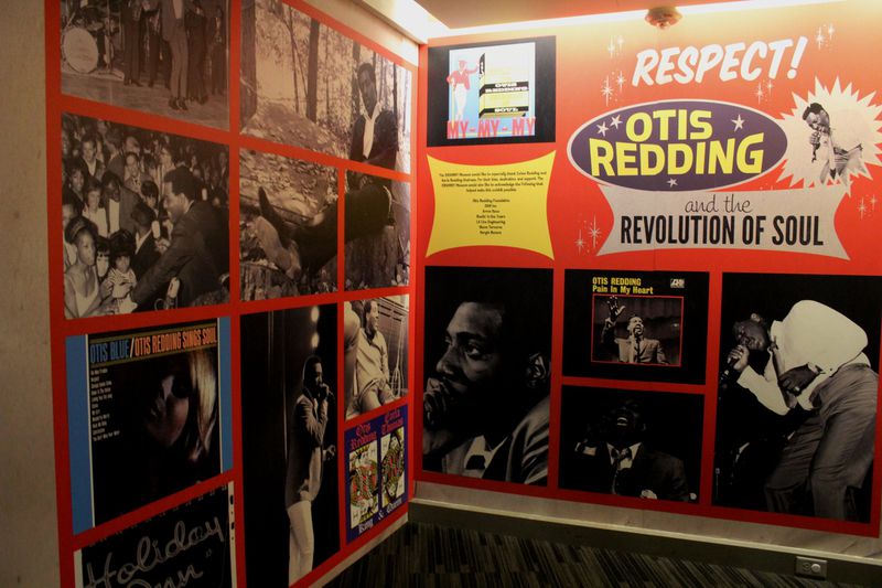 A photo wall for fans to take pictures with Otis Redding wallpaper. At the Grammy Museum exhibit detailing Redding’s life. Photo: Melissa Ruggieri/AJC