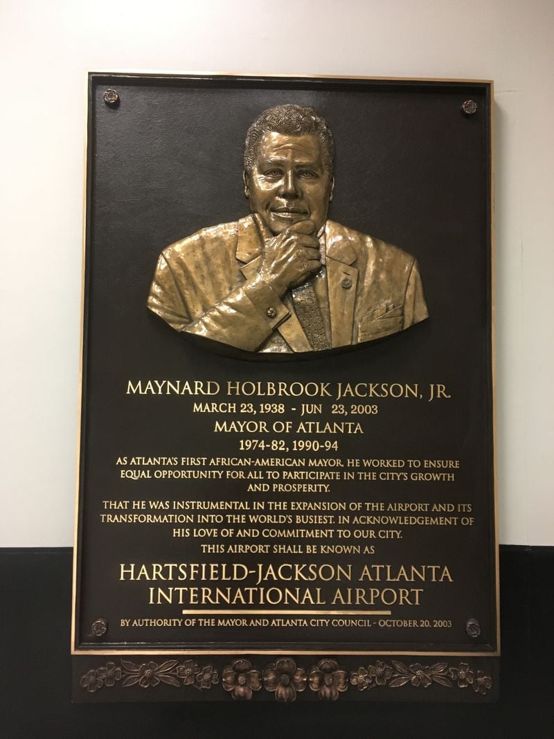  A plaque in honor of the late Maynard Jackson Jr. in the airport that now bears his name. Photo: Jennifer Brett