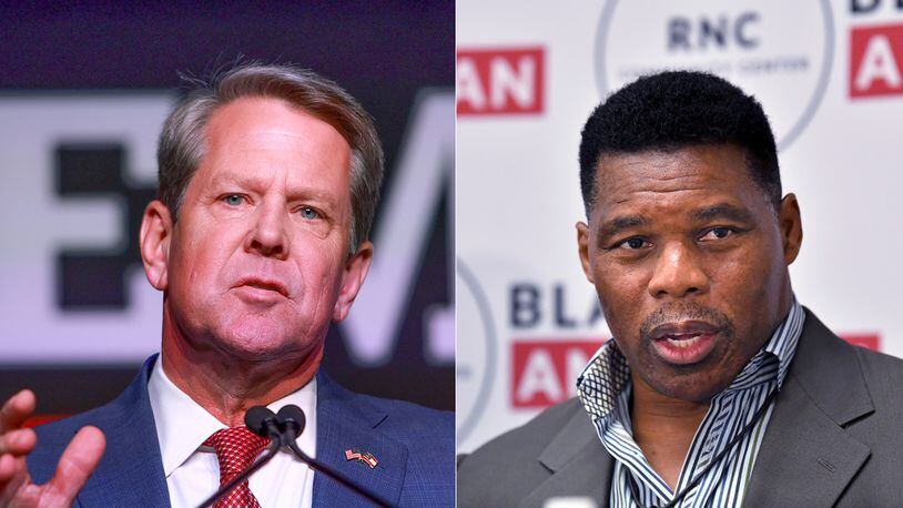 Republican gubernatorial candidate Gov. Brian Kemp (left) and U.S. Senate candidate Herschel Walker take separate approaches to the economy as an issue on the campaign trail.