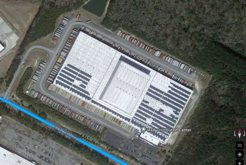 The IKEA Distribution Center in Port Wentworth has had rooftop solar since 2012. (Credit: Google Earth)