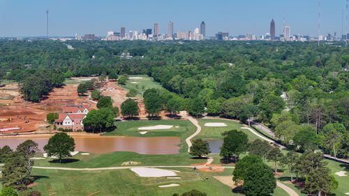 An ariel view of some of the front nine (forefront) and back nine (background) during the ongoing construction project at East Lake Golf Club. The course renovation will be done in time for the 2024 Tour Championship.