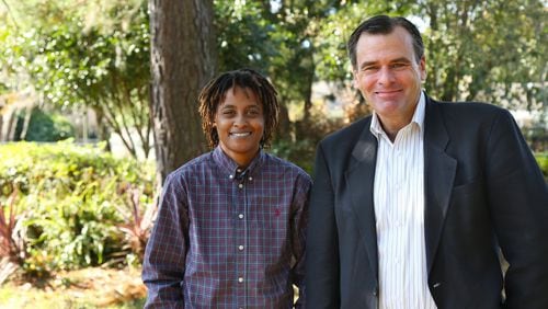 Plaintiff Jameka Evans stands with her lawyer, Greg Nevins. On Dec. 15, 2016, in a hearing before a three-judge panel of the 11th U.S. Circuit Court of Appeals in Atlanta, Evans asked for a ruling that gays and lesbians cannot be discriminated against because of their sexual orientation. (Photo courtesy of Lambda Legal)