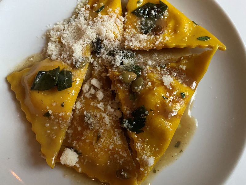 Pansotti is served with butternut squash, sage and pumpkin seeds at KR Steakbar. Bob Townsend for The Atlanta Journal-Constitution
