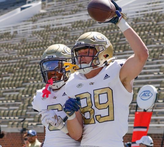 Georgia Tech wide receiver Chris Elko (89) celebrates his touchdown in the fourth quarter during the Spring White and Gold game at Bobby Dodd Stadium at Hyundai Field In Atlanta on Saturday, April 13, 2024.   (Bob Andres for the Atlanta Journal Constitution)