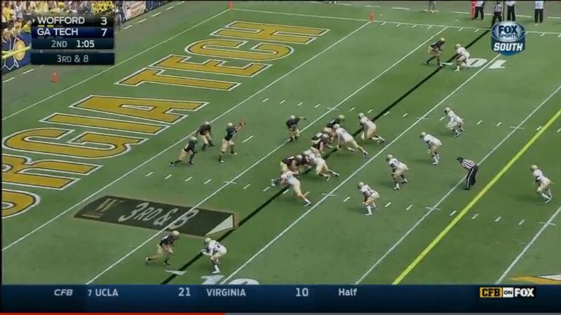 At the snap, Green gets double teamed. Stargel charges upfield, evidently Wofford's "read key," meaning quarterback Evan Jacks will decide to hand off or keep based on Stargel. The left guard takes on Gotsis, and center Bradley Way releases.
