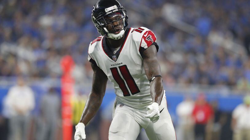 Atlanta Falcons wide receiver Julio Jones (11) waits on the snap during the first half of an NFL football game against the Detroit Lions, Sunday, Sept. 24, 2017, in Detroit. (AP Photo/Paul Sancya)