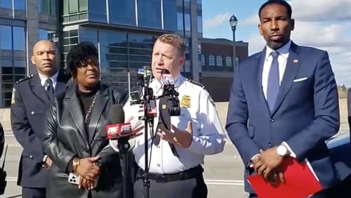 Atlanta police Chief Darin Schierbaum, joined by Mayor Andre Dickens (right), discusses a shooting that occurred Saturday night in which a 12-year-old was killed.