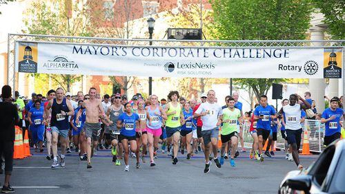 The Mayor’s Corporate Challenge 5K road race will close streets in and around downtown Alpharetta during the Thursday afternoon rush hour. CITY OF ALPHARETTA via Facebook