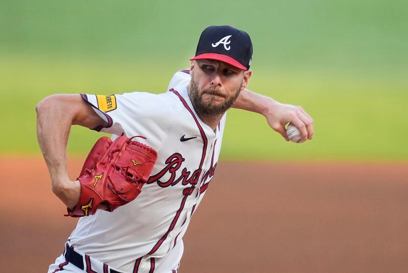 Atlanta Braves pitcher Chris Sale delivers to a against the Boston Red Sox batter in the first inning of a baseball game Wednesday, May 8, 2024, in Atlanta. (AP Photo/John Bazemore)