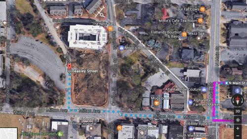 A four-way real estate deal will result in Teasley Street, a private drive, transferred from the Fulton County Schools to Alpharetta so the city can upgrade it to a public street. GOOGLE MAPS