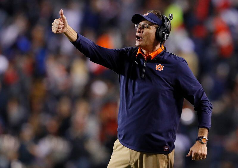 AUBURN, AL - NOVEMBER 25:  Head coach Gus Malzahn of the Auburn Tigers  reacts after a touchdown by the Alabama Crimson Tide was overturned after review during the fourth quarter at Jordan Hare Stadium on November 25, 2017 in Auburn, Alabama.  (Photo by Kevin C. Cox/Getty Images)
