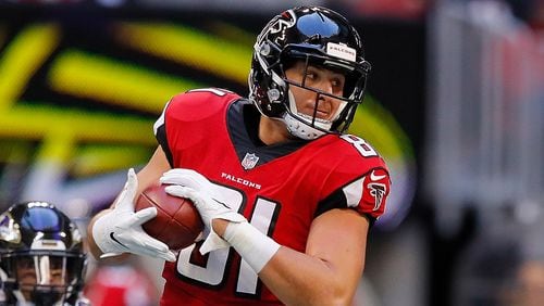 Falcons tight end Austin Hooper pulls in this reception against the Baltimore Ravens Dec. 2, 2018, at Mercedes-Benz Stadium in Atlanta.