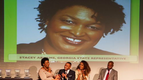 Stacey Abrams, the House Minority Leader for the Georgia General Assembly and State Representative for the 89th House District was honored Saturday at The Root 100 Award s Dinner at Espace in New York City. Each year, The Root recognizes 100 exceptional African Americans, Ages 25-45, for their successes and the positive impacts that they have made in the lives of others. Participating in a panel discussion, from left: Stacey Abrams, Rashad Robinson (Executive Director, Color of Change), Janet Mock (Contributing Editor, Marie Claire and advocate for transgender rights), Van Jones (Co-host of CNN's Crossfire)