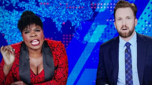 Leslie Jones (left) goes on a rant about Andre 3000 deciding to do an instrumental album focused on the flute. Jorden Klepper tries to defend his artistic choices. COMEDY CENTRAL