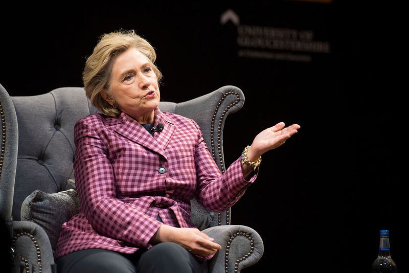 Hillary Clinton is interviewed by Mariella Frostrup (not pictured) at the Cheltenham Literature Festival on October 15, 2017 in Cheltenham, England. The former US secretary of state and 2016 American presidential candidate yesterday received an honorary doctorate from Swansea University. She is also visiting the UK to promote her new book "What Happened".  (Photo by Matthew Horwood/Getty Images)