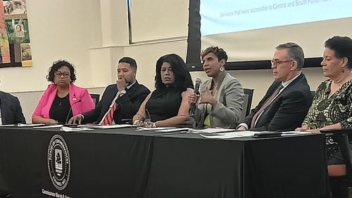 Panelists from Grady Health System, Fulton County and cities in south Fulton talk about health inequity at a town hall April 18, 2024.
