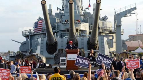 Republican presidential candidate Donald Trump speaks during a campaign event aboard the USS Iowa battleship in Los Angeles Tuesday, Sept. 15, 2015. (AP Photo/Kevork Djansezian)