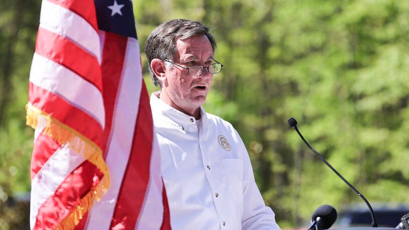 Mark Williams, Commissioner at Georgia Department of Natural Resources speaks during a ceremony unveiling the first ever Rivian electric vehicle chargers at Tallulah Gorge State Park on Thursday, April 20, 2023. (Natrice Miller/ natrice.miller@ajc.com)