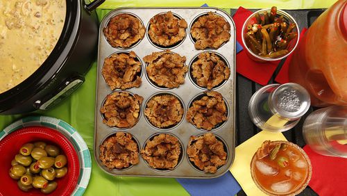 Breakfast chili, Bloody Mary and French Toast muffin bites. (Glenn Koenig/Los Angeles Times/TNS)