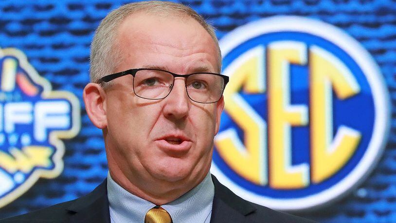 Commissioner Greg Sankey holds a news conference to open SEC Media Days at the College Football Hall of Fame on Monday, July 16, 2018, in Atlanta. Curtis Compton/ccompton@ajc.com