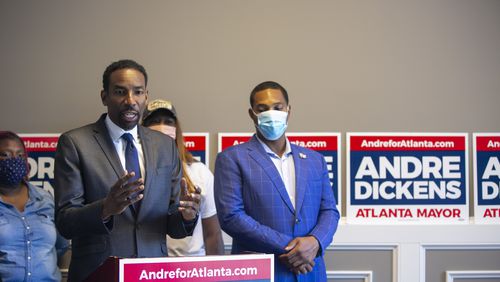 Councilmember Andre Dickens, candidate for Atlanta Mayor, speaks during a press conference at Dickens’ campaign headquarters in Atlanta, Georgia, where he announced his proposal for an Atlanta Department of Labor on September 9, 2021. (Rebecca Wright for the Atlanta Journal-Constitution)