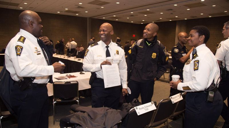 MARTA Police Department officers talk before the start of the Super Bowl LIII Executive Public Safety Tabletop Exercise at the Georgia World Congress Center Wednesday, November 5, 2018. 